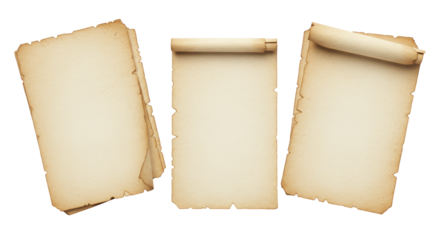 Three or more artfully arranged vintage paper sheets, parchment, bond, fibrous, subtle discoloration, frayed edges, pristine transparent studio background, sharp focus, corporate legacy and historical