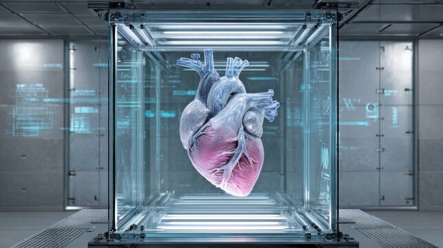 realistic synthetic human heart growing on bio organic scaffolding inside transparent cube, lab lighting, medical tech details