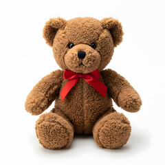 Cute brown teddy bear with red bow isolated on white background
