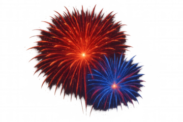 Red and blue fireworks exploding against a transparent background, perfect for celebrations and festive designs