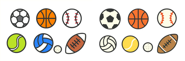Obraz premium Sports Balls Icons Set, Minimalist flat design, isolated on white