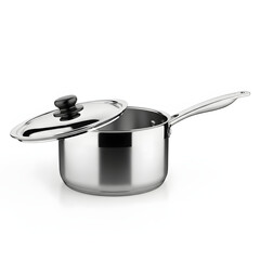 Stainless steel saucepan with lid isolated on white background in studio shot