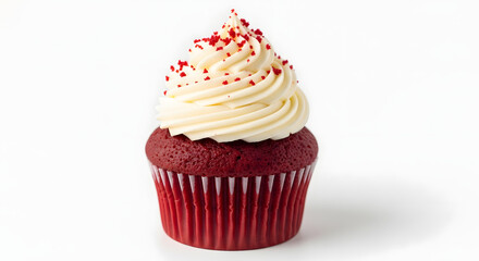 Delicious red velvet cupcake with vanilla frosting isolated on white background