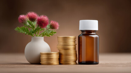 Medicine bottle with tax coins and flower in vase symbolizing drug cost and financial health concept