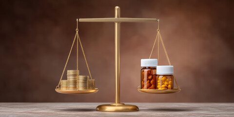 Drug tax concept with medicine bottle and coin stack on balance scale symbolizing cost and value