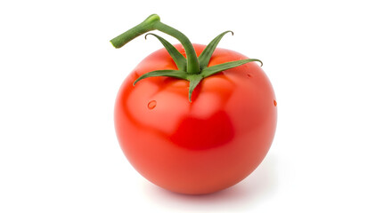 Fresh red tomato with stem isolated on white background, closeup studio shot