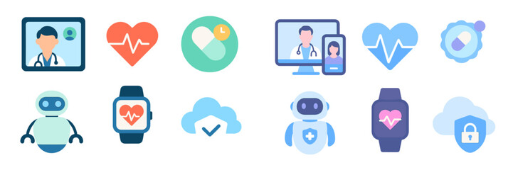 Fototapeta premium Digital Health and Telemedicine Icons, Minimalist flat design