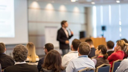 Male speaker delivering keynote at conference hall — audience focused on business and entrepreneurship, faces not recognizable