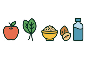 Healthy Food Icons: Spinach, Rice, Nuts, Water Bottle