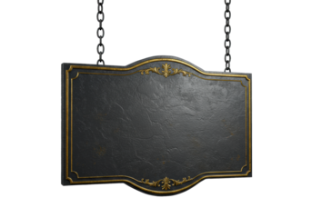 A blank dark gray textured rectangular hanging sign with an ornate gold border, suspended by rustic metal chains against a transparent studio background, concept for branding opportunity