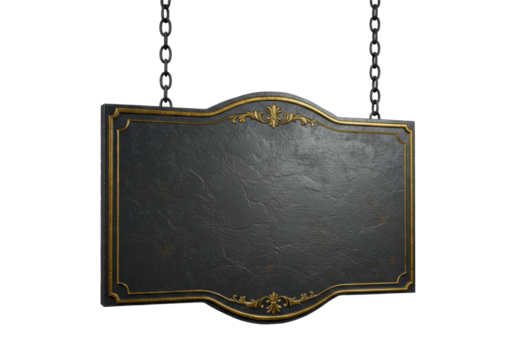 A blank dark gray textured rectangular hanging sign with an ornate gold border, suspended by rustic metal chains against a transparent studio background, concept for branding opportunity