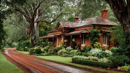 Fototapeta premium Rustic red brick house, lush garden, dirt road