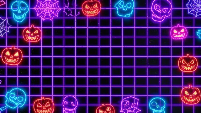 Neon halloween pumpkins and skulls floating on retro grid creating a spooky and festive atmosphere.