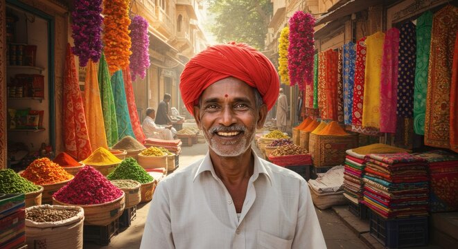 A smiling Indian man wearing a red turban stands in a vibrant marketplace filled with colorful textiles, powders, and decorations.