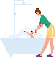 Mother washing her son's hair in bathtub full of soap foam