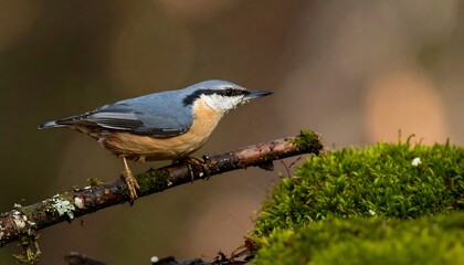 Fototapeta premium Nuthatch perched on a branch with moss.