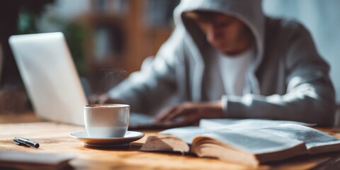 The Coffee Cup on a Wooden Table Beside a Laptop and Focused Student Studying
