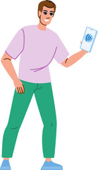 Smiling man using contactless payment on smartphone