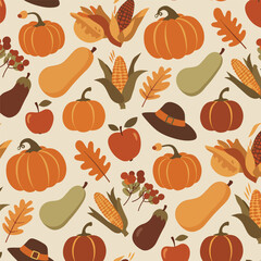 Seamless Pattern, Colorful autumn harvest pattern featuring pumpkins, corn, apples, and leaves Stock royalty free