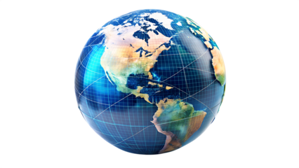 Detailed globe of earth with continents and oceans isolated on transparent background, representing global connections and technology