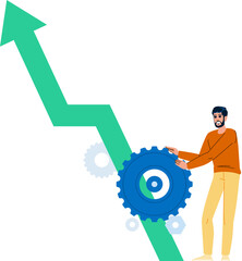 Businessman pushing gear and growing upward trend arrow chart