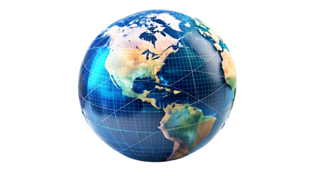 Detailed globe of earth with continents and oceans isolated on transparent background, representing global connections and technology