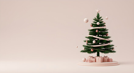 Obraz premium Chic Pink and Rose Gold Christmas Tree with Gifts and Decorations on Minimalist Beige Background
