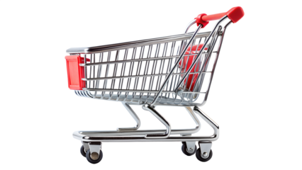 Shopping cart with red handle isolated on transparent background for retail or grocery store, studio shot, close up view