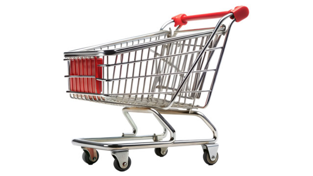 Shopping cart isolated on transparent background, representing retail consumerism, grocery shopping, and the act of purchasing items