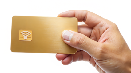 Close up of a hand holding a golden credit card isolated on transparent background
