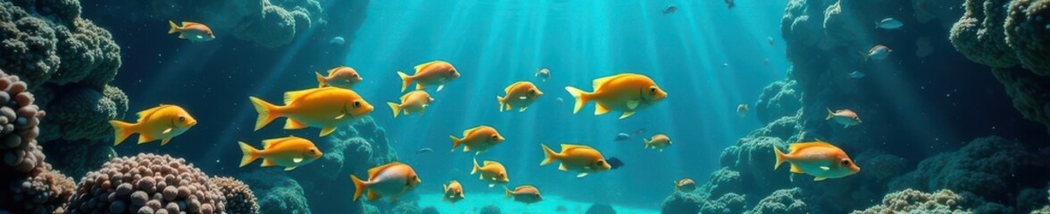 Crystal clear water, vibrant fish school viewed from above, life, wildlife