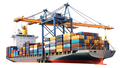 Container ship loaded with colorful containers isolated on transparent background, ready for global trade
