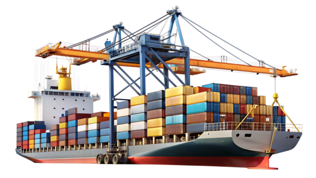Container ship loaded with colorful containers isolated on transparent background, ready for global trade