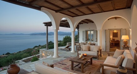 Fototapeta premium Mediterranean Villa Terrace with Arched Columns and Panoramic Sea View