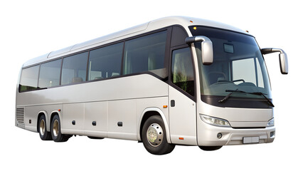 Sleek silver bus for passenger transport isolated on transparent background, perfect for city tours and long distance travel