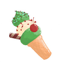 ice cream cone green tea and vanilla flavour design illustration with transparent background
