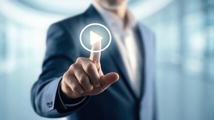 Hand activating play button on futuristic interface — triggering project kickoff