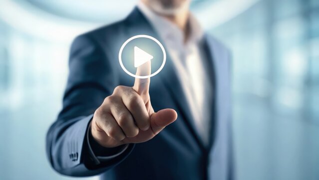 Hand activating play button on futuristic interface — triggering project kickoff