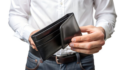 Man holding an empty wallet isolated on transparent background, symbolizing financial difficulties and lack of money
