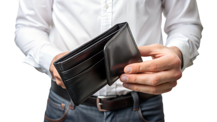 Man holding an empty wallet isolated on transparent background, symbolizing financial difficulties and lack of money