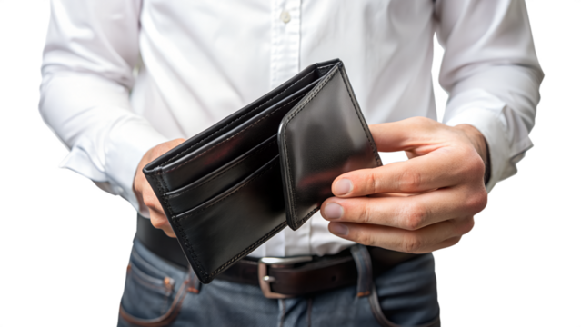 Man holding an empty wallet isolated on transparent background, symbolizing financial difficulties and lack of money