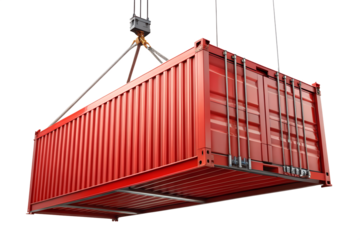 Red cargo container lifted by crane isolated on transparent background for shipping and logistics industry