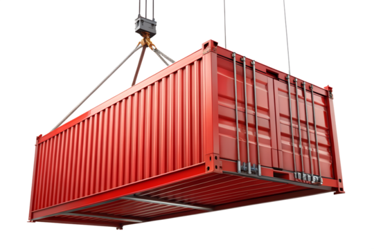 Red cargo container lifted by crane isolated on transparent background for shipping and logistics industry