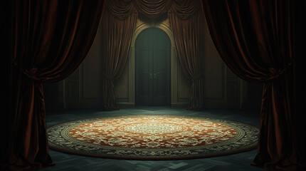 Warmly lit stage featuring rows of seats and colorful fabric panels creating an inviting atmosphere for an event or performance