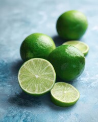 Fresh Whole and Sliced Limes on Blue Textured Background