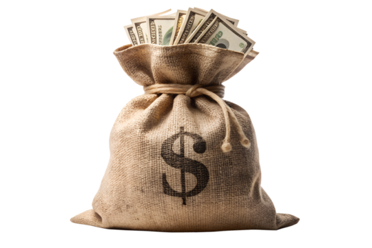 A burlap money bag filled with dollar bills, isolated on transparent background, symbolizing wealth, finance, and investment