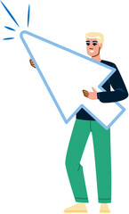 Smiling man holding giant shiny cursor clicking on invisible button