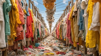 Obraz premium Colorful Secondhand Clothing Hanging in Rows at an Outdoor Market