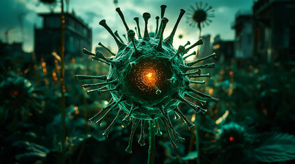 Abstract digital art depicting a coronavirus particle amidst a distorted urban landscape evoking a sense of crisis