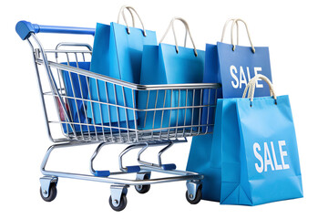Shopping cart full of blue sale bags for retail commerce isolated on transparent background